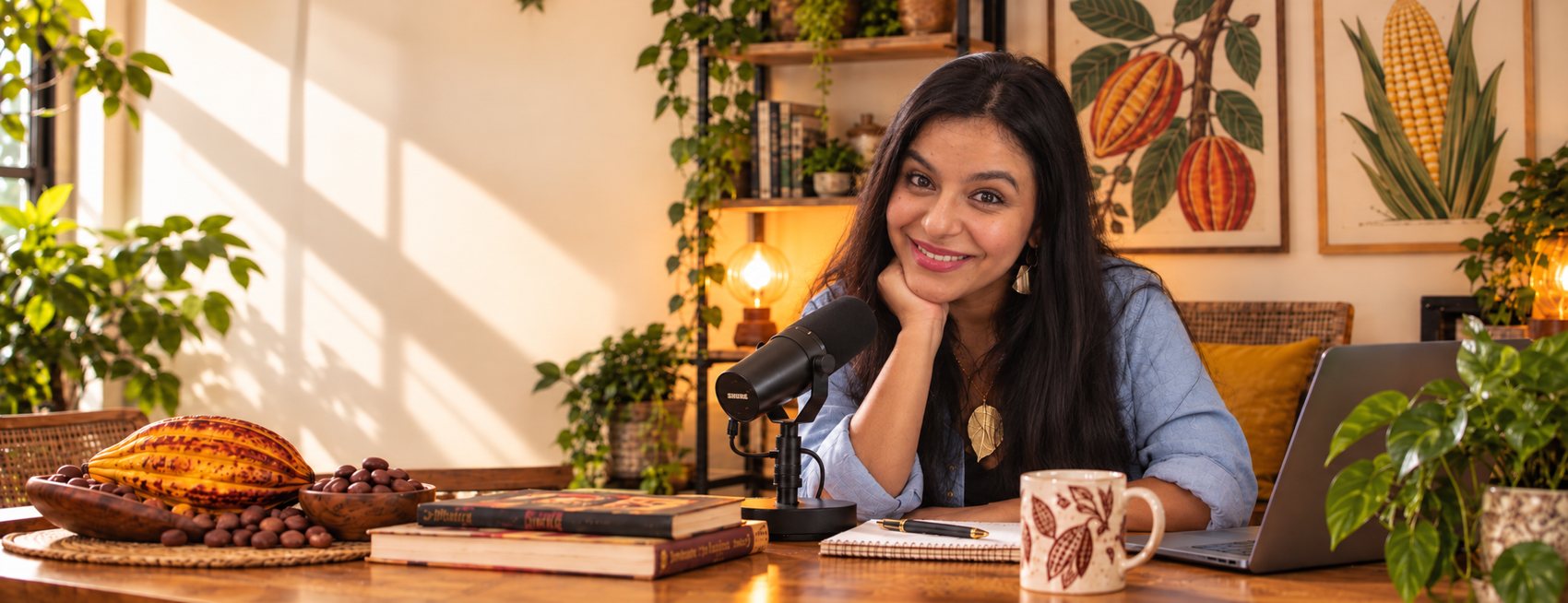 Karen Bruges en el estudio del podcast Chocolate con Arepa